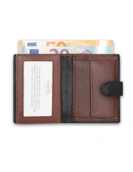 Small leather wallet with coin pocket and central clasp in black, open, on a white background - MONPIEL