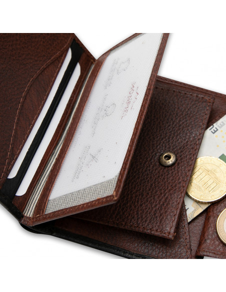 Small leather wallet with coin pocket and central clasp in black with a close-up interior detail on a white background - MONPIEL