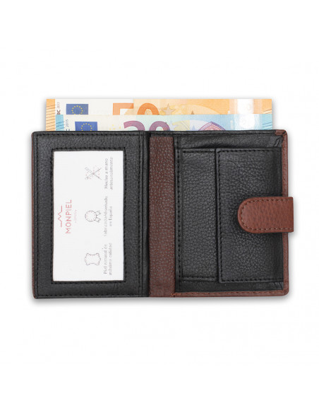 Small leather billfold with coin pocket and central clasp in Havana, open with bill and coin spaces on white backgroun - MONPIEL