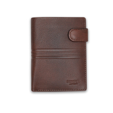 Leder-Billfold mit Schnappverschluss und Münzfach, Farbe Havanna, Frontalansicht auf weißem Hintergrund - MONPIEL 2