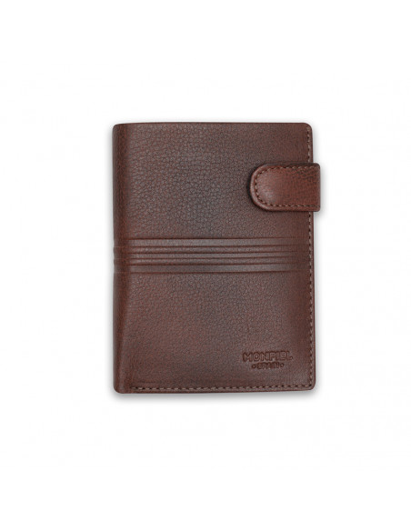 Leder-Billfold mit Schnappverschluss und Münzfach, Farbe Havanna, Frontalansicht auf weißem Hintergrund - MONPIEL