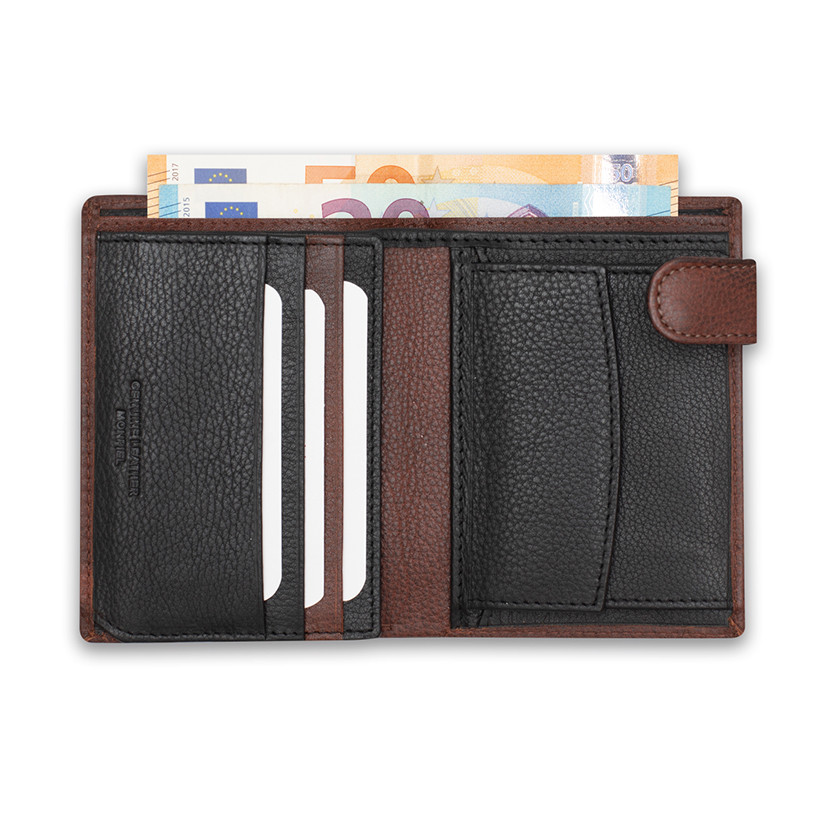 Leather purse with clasp and internal coin pocket in Havana color, open, on a white background - MONPIEL