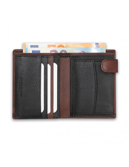 Porte-billets en cuir avec fermoir et porte-monnaie intérieur couleur havane, ouvert sur fond blanc - MONPIEL Porte-billets en cuir avec fermoir et porte-monnaie intérieur couleur havane, ouvert sur fond blanc - MONPIEL