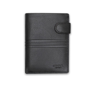 Porte-billets en cuir avec fermoir et porte-monnaie intérieur noir, vue de face sur fond blanc - MONPIEL