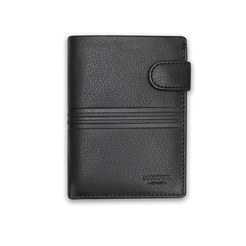 Leather purse with clasp and internal coin pocket in black, front view, on a white background - MONPIEL