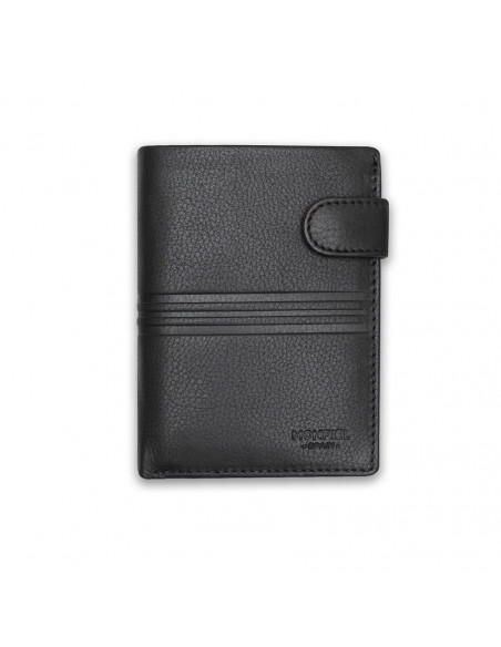 Leather billfold with clasp and coin pocket in black, front view on white background - MONPIEL