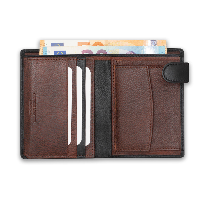 Leather wallet with clasp and internal coin pocket in black, open, on a white background - MONPIEL