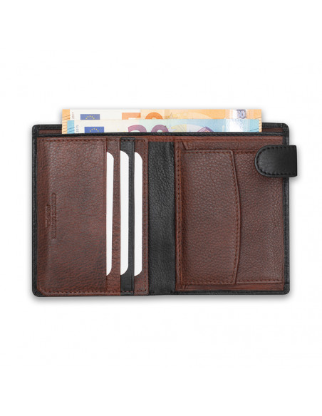 Leather purse with clasp and internal coin pocket in black, open, on a white background - MONPIEL