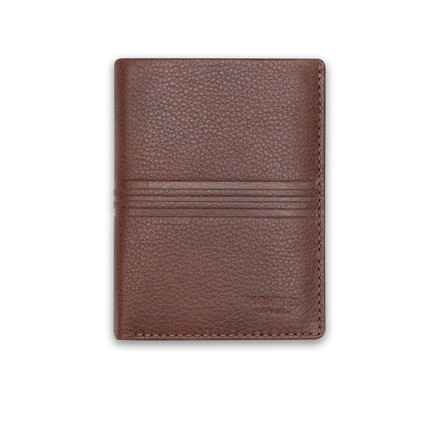 Leather purse with internal clasp and coin pocket in Havana color, front view, on a white background - MONPIEL