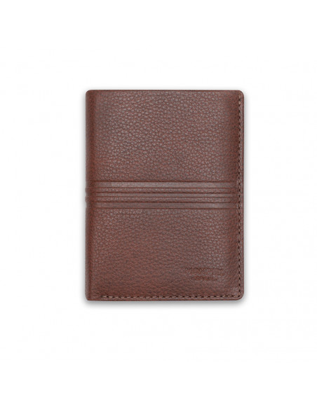 Porte-billets en cuir avec fermoir intérieur et porte-monnaie couleur havane, vue de face sur fond blanc - MONPIEL Porte-billets en cuir avec fermoir intérieur et porte-monnaie couleur havane, vue de face sur fond blanc - MONPIEL