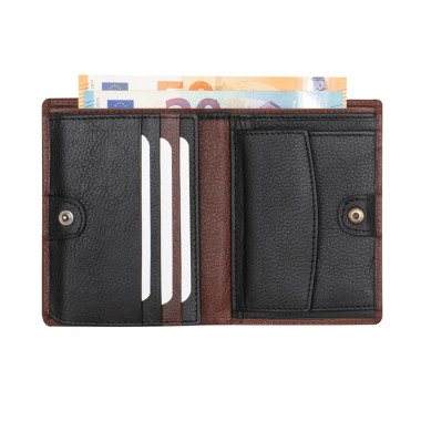 Porte-billets en cuir avec fermoir intérieur et porte-monnaie couleur havane, vue de face sur fond blanc - MONPIEL 2