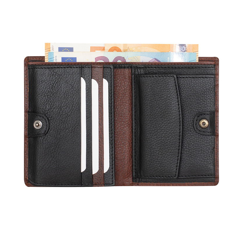 Leather purse with internal clasp and coin pocket in Havana color, open, on a white background - MONPIEL