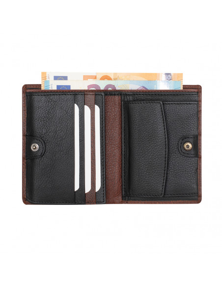 Leather billfold with interior clasp and coin pocket in Havana color, open on white background - MONPIEL