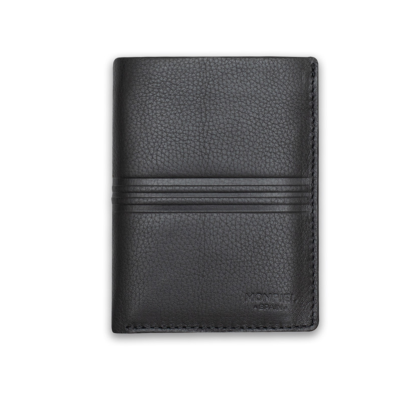 Leather wallet with internal clasp and coin pocket in black, front view, on a white background - MONPIEL