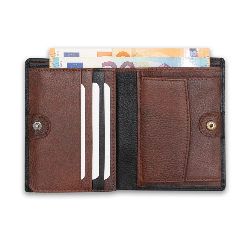 Leather wallet with internal clasp and coin pocket in black, open, on a white background - MONPIEL
