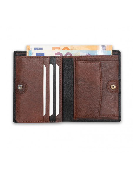Leather billfold with interior clasp and coin pocket in black, open on white background - MONPIEL
