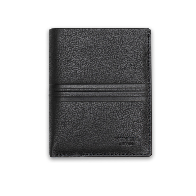 Basic leather wallet in black, front view, on a white background - MONPIEL