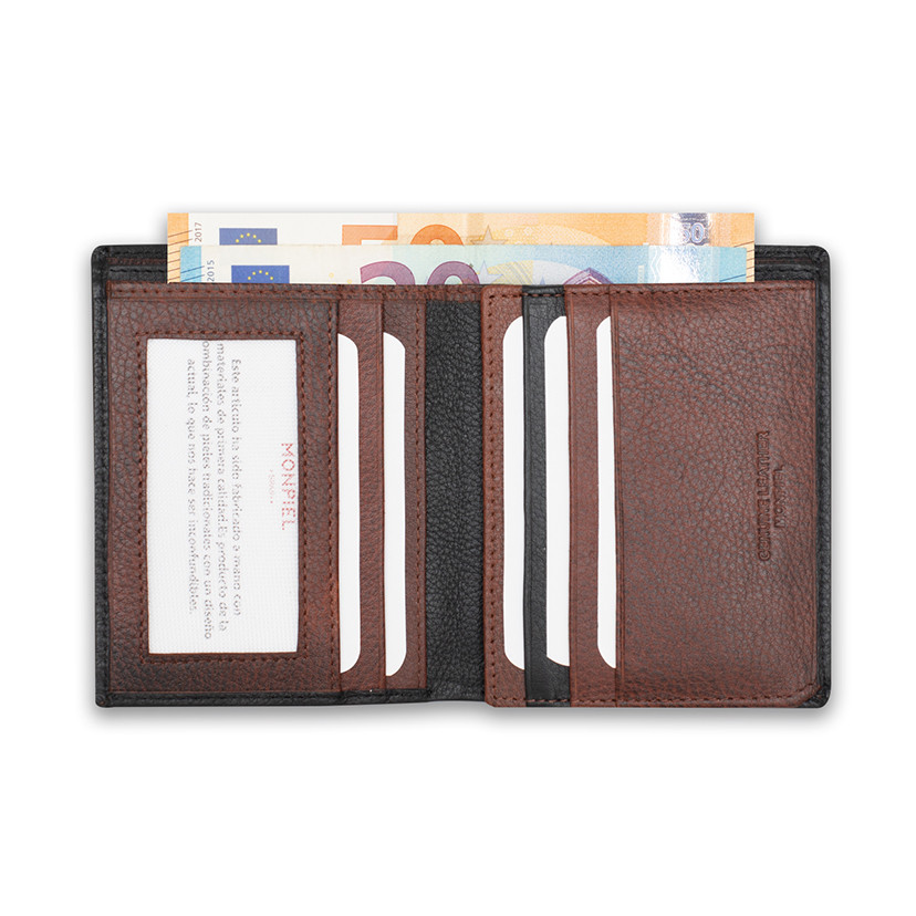 Basic leather wallet in black, open, on a white background - MONPIEL