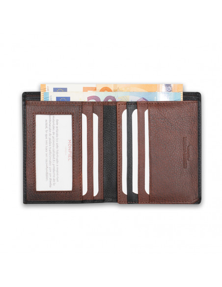 Basis-Leder-Billfold in Schwarz, geöffnet auf weißem Hintergrund - MONPIEL