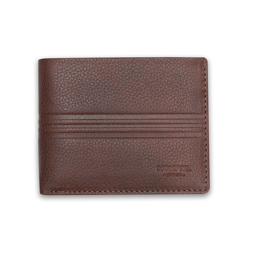 Large American-style leather purse with coin pocket in Havana color, front view, on a white background - MONPIEL