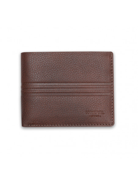 Large American-style leather wallet with coin pocket in Havana color, front view, on a white background - MONPIEL