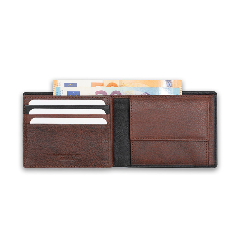 Large American-style leather purse with coin pocket in black, open, on a white background - MONPIEL