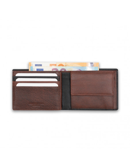 Large American-style leather purse with coin pocket in black, open, on a white background - MONPIEL
