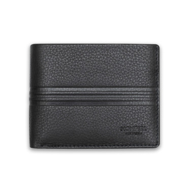 Large American leather wallet with coin pocket in black, front view on white background - MONPIEL