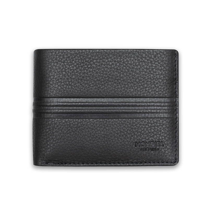 Large American-style leather purse with coin pocket in black, front view, on a white background - MONPIEL
