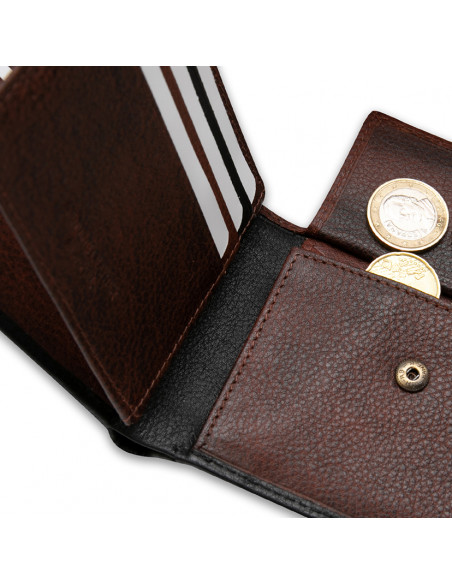 Cartera americana grande con monedero cuero en color negro con detalle interior en primer plano sobre fondo blanco - MONPIEL