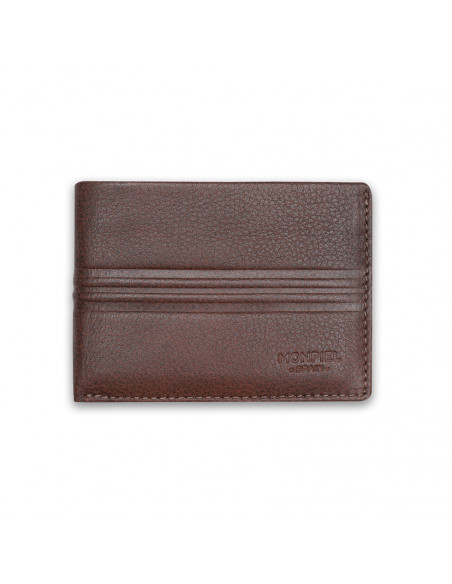 Petit portefeuille américain en cuir avec porte-monnaie couleur havane, vue de face sur fond blanc - MONPIEL Petit portefeuille américain en cuir avec porte-monnaie couleur havane, vue de face sur fond blanc - MONPIEL