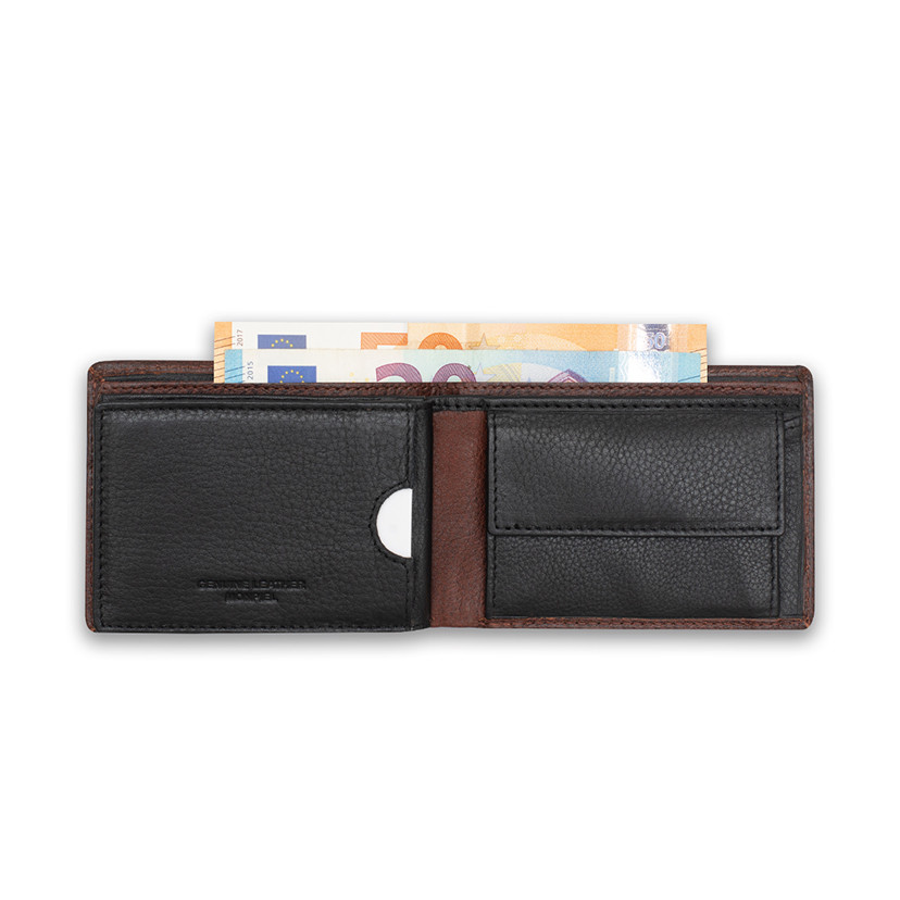 Small American-style leather purse with coin pocket in Havana color, open, on a white background - MONPIEL