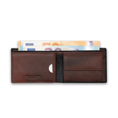 Small American-style leather purse with coin pocket in black, front view, on a white background - MONPIEL 2