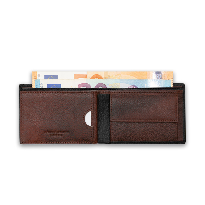 Small American-style leather wallet with coin pocket in black, open, on a white background - MONPIEL