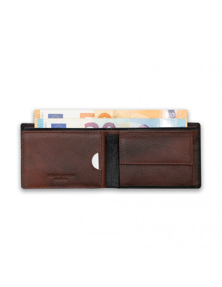 Small American leather wallet with coin pocket in black, open on white background - MONPIEL
