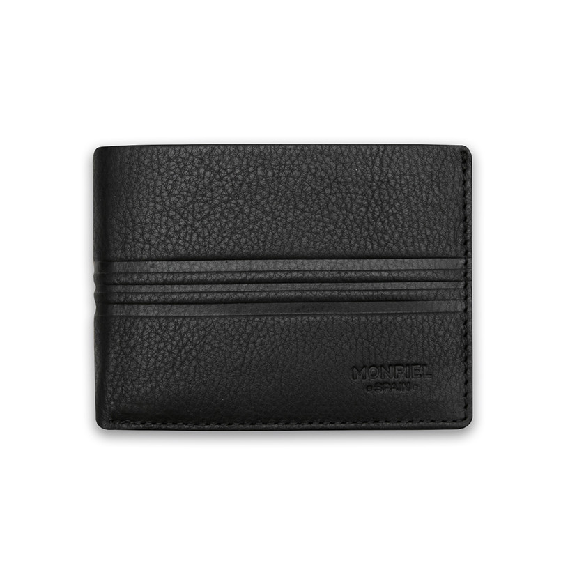 Small American-style leather wallet with coin pocket in black, front view, on a white background - MONPIEL