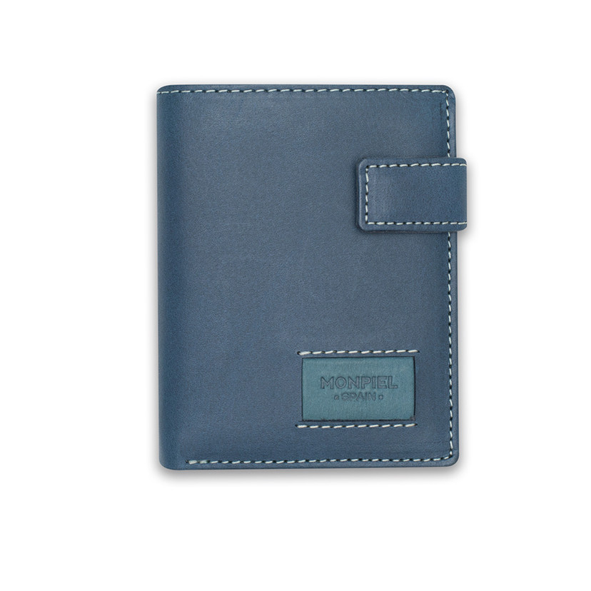 Leather purse with clasp and coin pocket, featuring logo, in blue color, front view, on a white background - MONPIEL