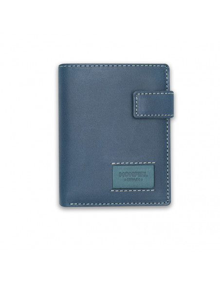 Leather wallet with clasp and coin pocket, featuring logo, in blue color, front view, on a white background - MONPIEL