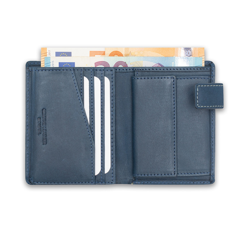 Leather purse with clasp and coin pocket, featuring logo, in blue color, open, on a white background - MONPIEL