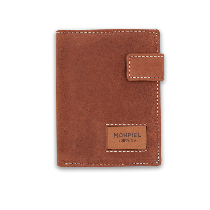 Leather purse with clasp and coin pocket, featuring logo, in Havana color, front view, on a white background - MONPIEL