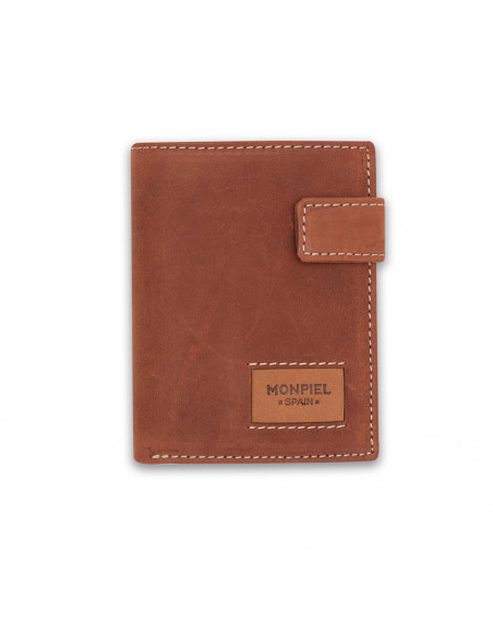 Leather wallet with clasp and coin pocket, featuring logo, in Havana color, front view, on a white background - MONPIEL Leather wallet with clasp and coin pocket, featuring logo, in Havana color, front view, on a white background - MONPIEL
