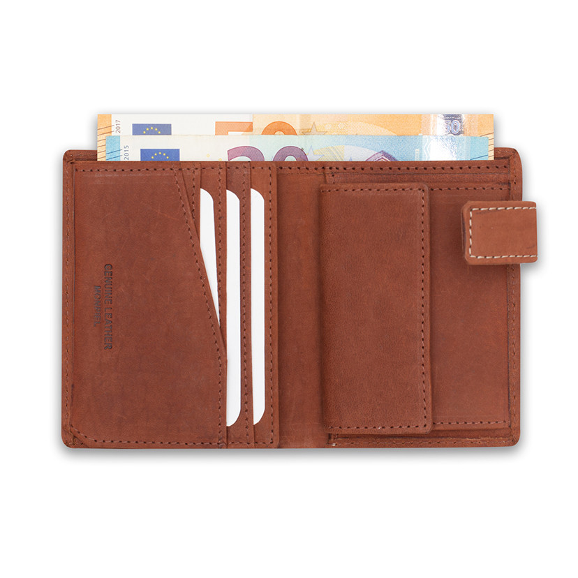 Leather purse with clasp and coin pocket, featuring logo, in Havana color, open, on a white background - MONPIEL