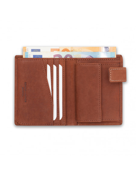 Leather wallet with clasp and coin pocket, featuring logo, in Havana color, open, on a white background - MONPIEL Leather wallet with clasp and coin pocket, featuring logo, in Havana color, open, on a white background - MONPIEL