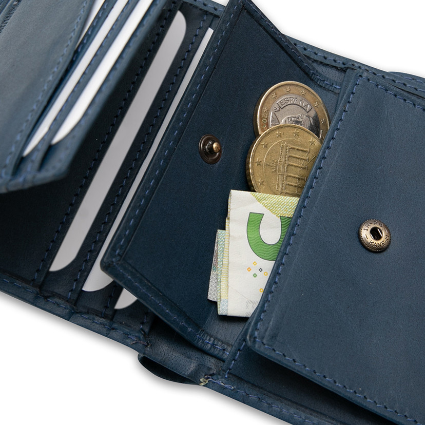 Leather purse with clasp and coin pocket, featuring logo, in blue color, close-up interior detail, on a white backgrou - MONPIEL