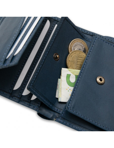 Leather wallet with clasp and coin pocket, featuring logo, in blue color, close-up interior detail, on a white backgro - MONPIEL