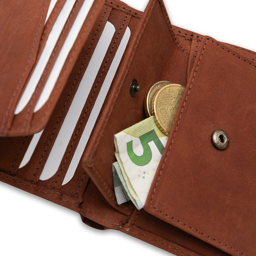 Leather purse with clasp and coin pocket, featuring logo, in Havana color, close-up interior detail, on a white backgr - MONPIEL