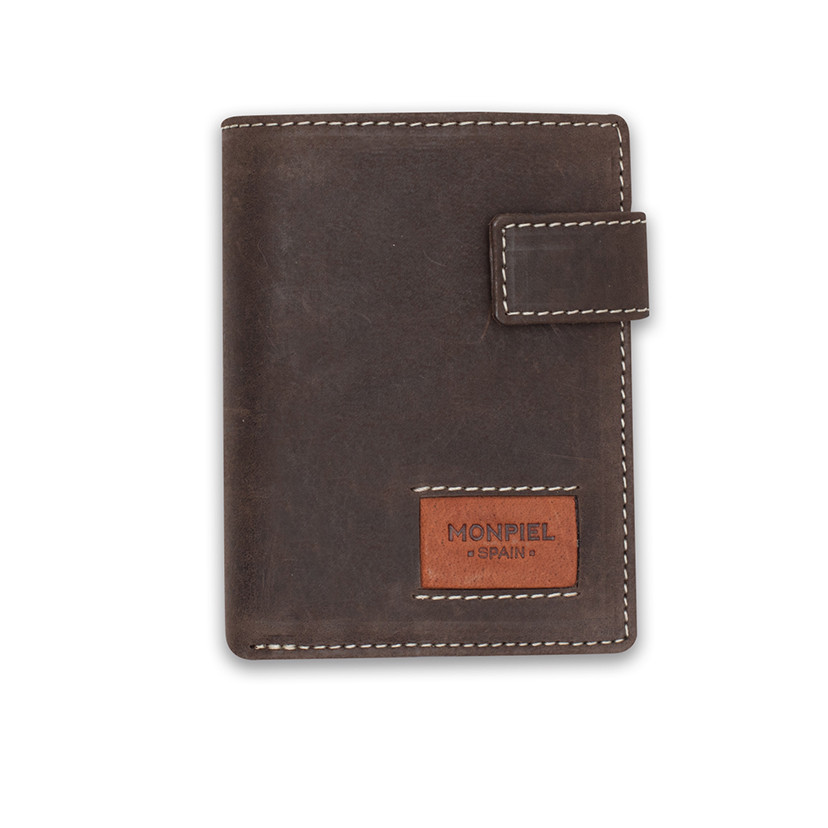Leather purse with clasp and coin pocket, featuring logo, in brown color, front view, on a white background - MONPIEL