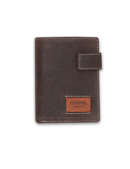 Leather billfold with clasp and coin pocket, featuring a logo, in brown, front view on white background - MONPIEL Leather billfold with clasp and coin pocket, featuring a logo, in brown, front view on white background - MONPIEL