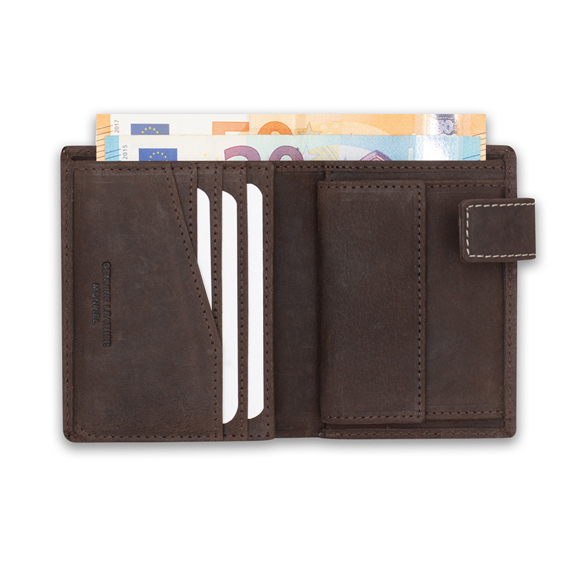 Leather purse with clasp and coin pocket, featuring logo, in brown color, open, on a white background - MONPIEL