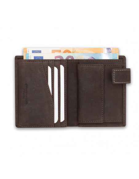 Leather billfold with clasp and coin pocket, featuring a logo, in brown, open on white background - MONPIEL Leather billfold with clasp and coin pocket, featuring a logo, in brown, open on white background - MONPIEL
